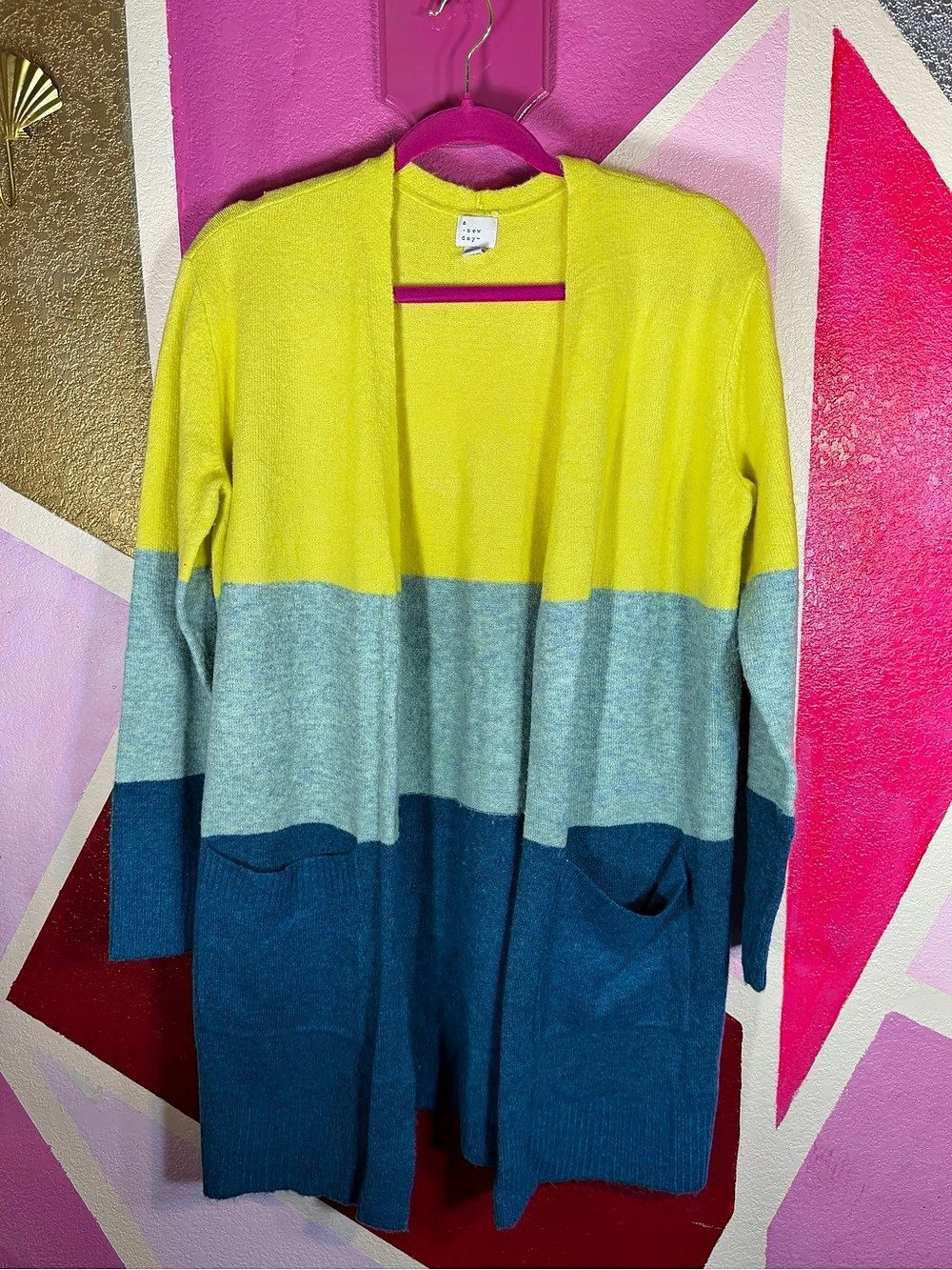 A New Day Small Colorblock Long Cardigan Chartreuse Aqua Teal Open Front Pockets